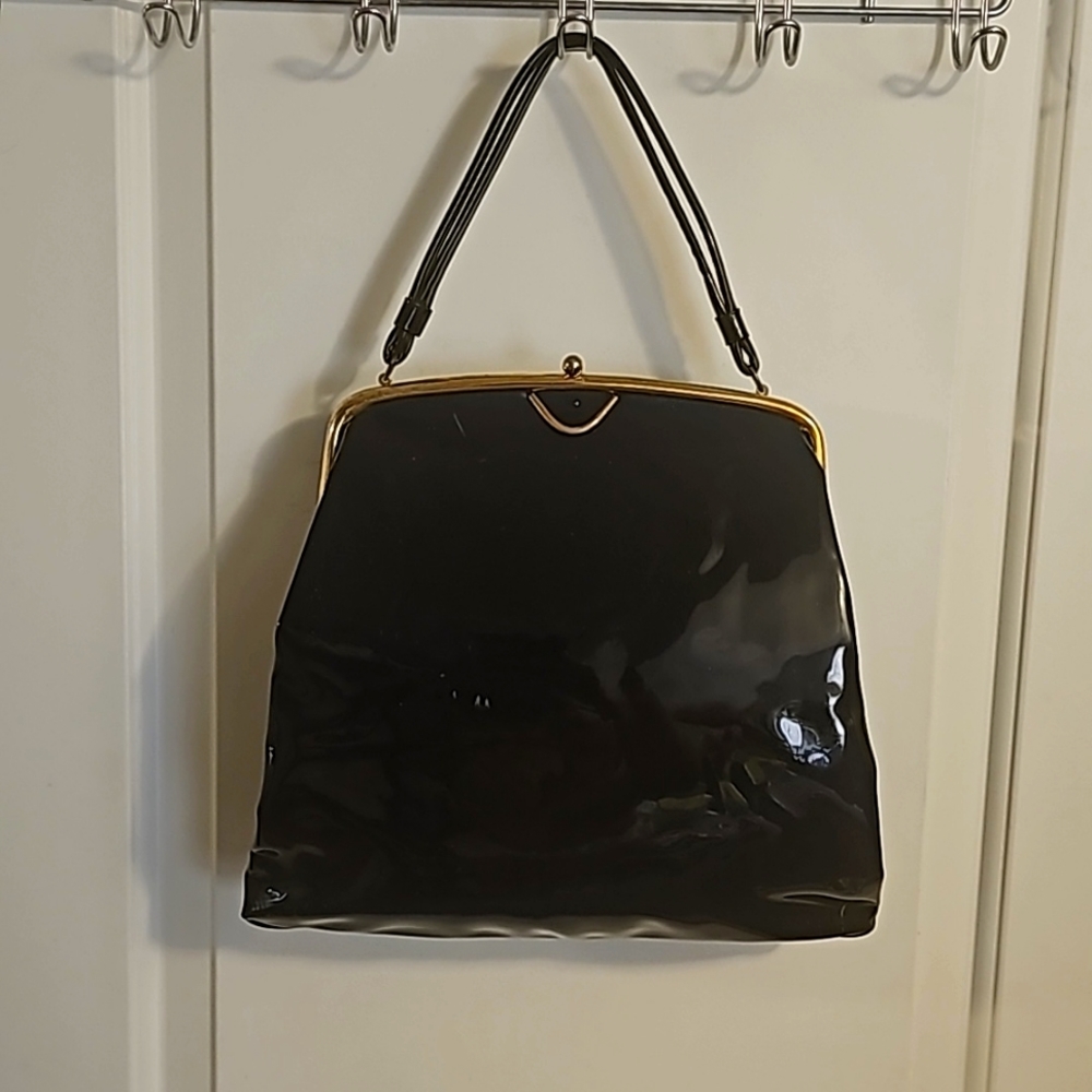 50's Theodor California Black Patent Leather Bag w/Goldtone Assets & Clasp Closu